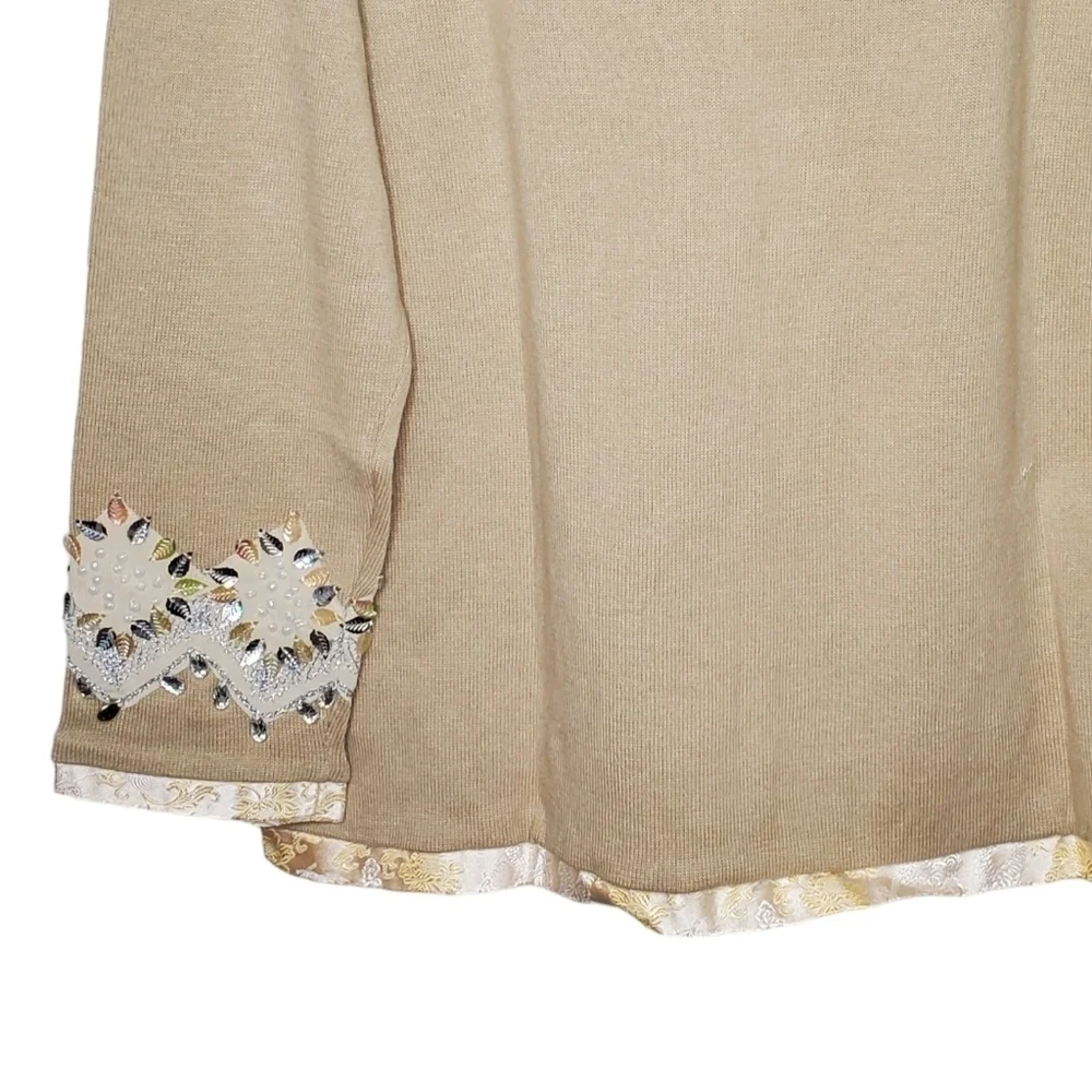 Storybook Knits Stunning Silver Cardigan Sweater, Silver and Gold Leaves Sz LG - Picture 3 of 13